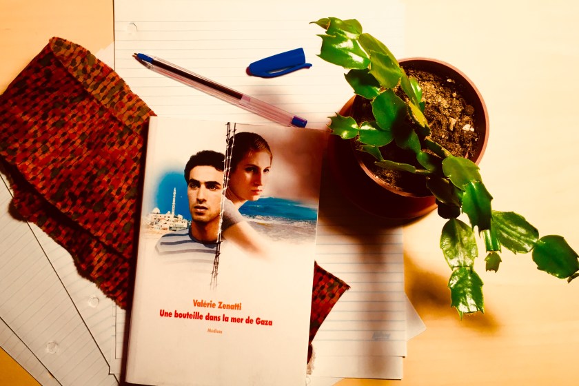 Le fil rouge, le fil rouge lit, bibliothérapie, littérature, lecture, livres, les livres qui font du bien, Une bouteille dans la mer de Gaza, Valérie Zenatti, L'École des loisirs, amitié, espoir, conflit israélo-palestinien, désir de réconciliation, histoire qui se déroule dans la bande de Gaza, histoire qui se déroule en Israël, littérature étrangère, livre qui parle de guerre, livre qui parle de paix, Palestine, Israël, bande de Gaza
