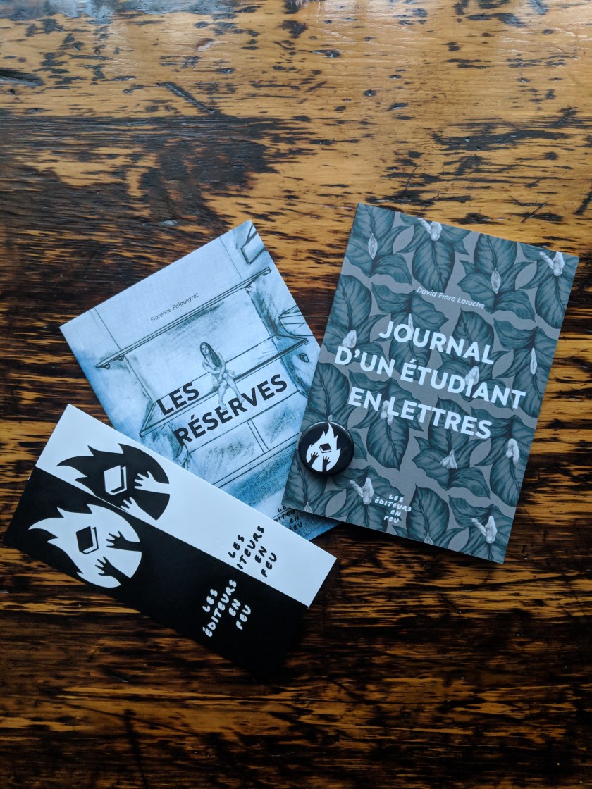 le fil rouge, le fil rouge lit, les éditeurs en feu, éditeurs en feu, Florence Falgueyret, Simon Harvey, littérature québécoise, les livres qui font du bien, David Fiore Laroche, les réserves, journal d'un étudiant en lettres